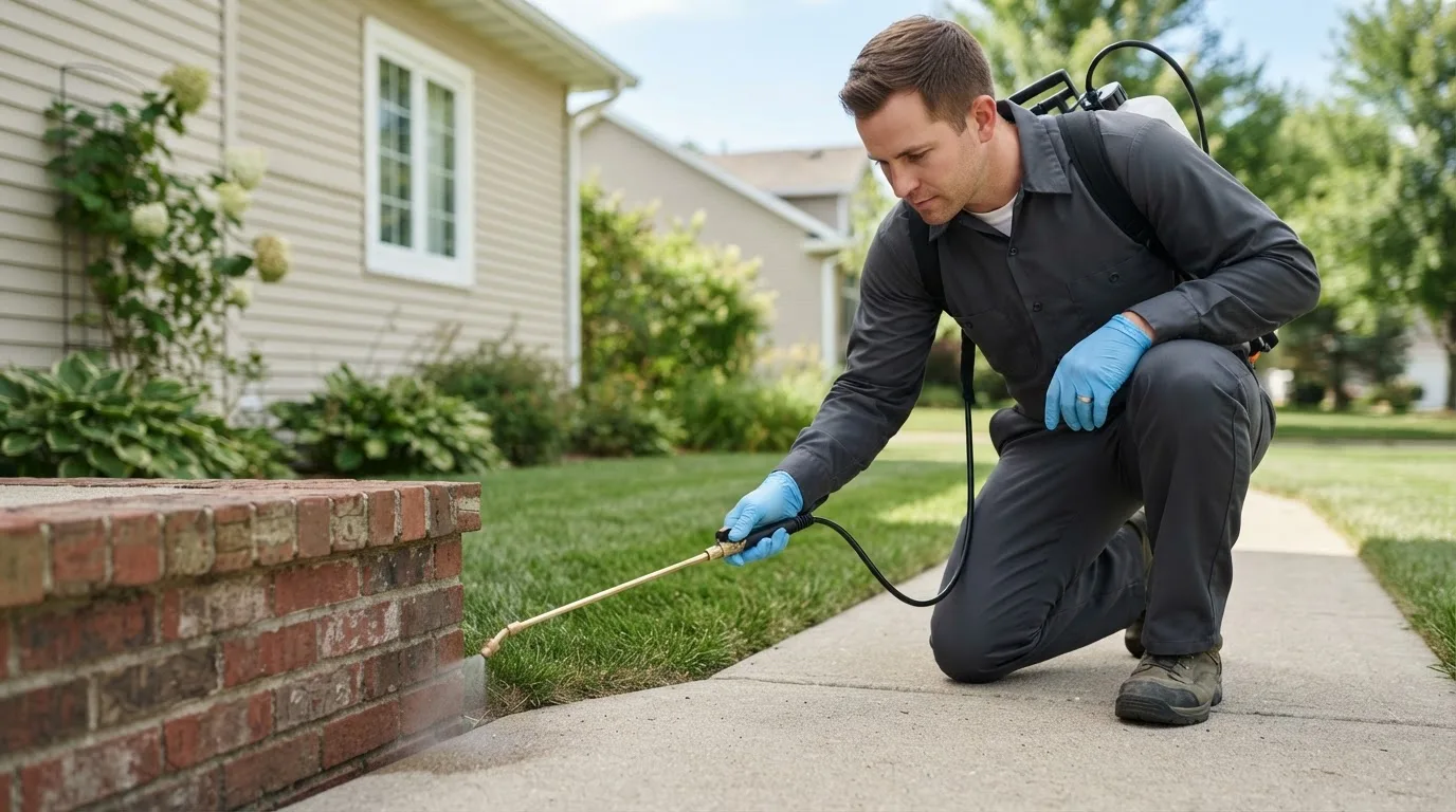 Pest control technician treating a home near Temple, ME