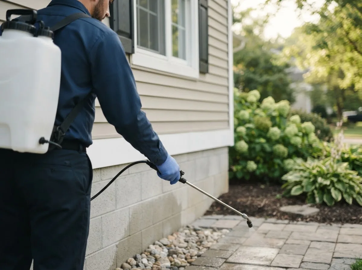 Pest control technician inspecting a home in Temple, ME